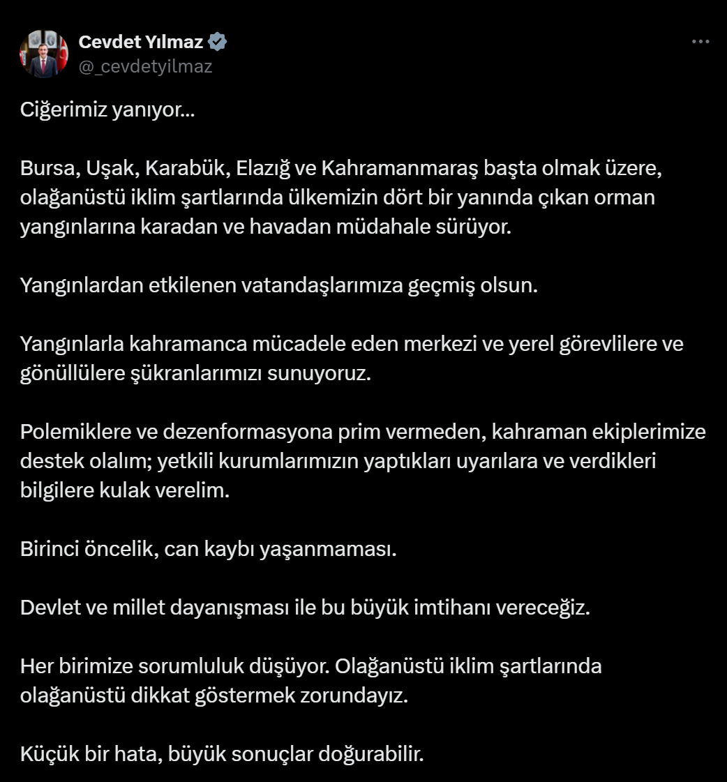 Cevdet Yılmaz’dan orman yangınlarıyla ilgili açıklama: Her birimize sorumluluk düşüyor!