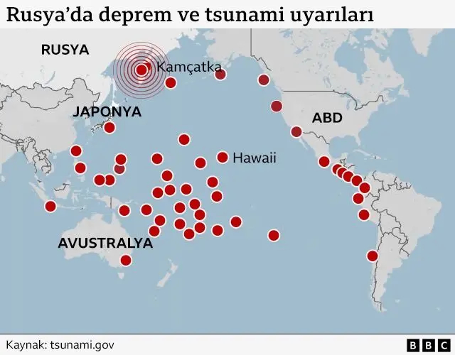 Kamçatka açıklarında 30 Temmuz sabaha karşı 8,8 büyüklüğünde deprem