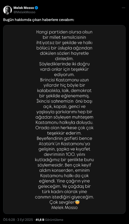 Kastamonu'da Konser ışıltısı ve Siyasi Gerginlik: Melek Mosso’ya  eleştiri, sanatçıdan yanıt